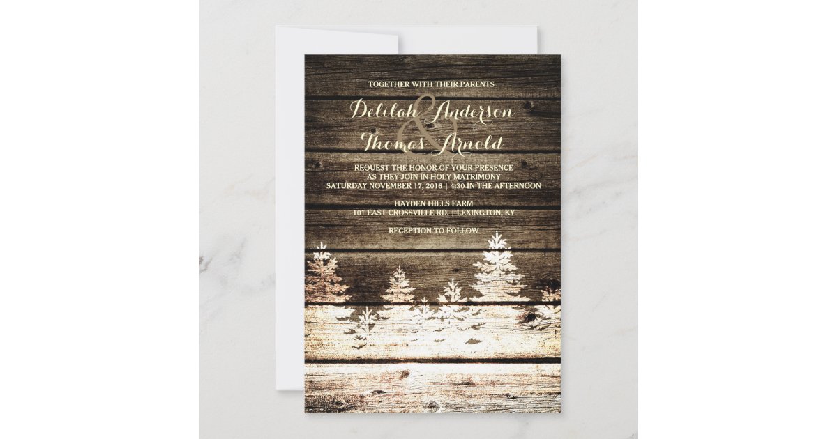 Rustic Barn Wood Pine Trees Winter Wedding Invite | Zazzle