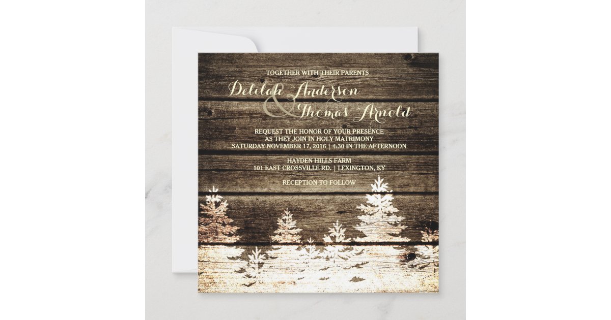 Rustic Barn Wood Pine Trees Winter Wedding Invite | Zazzle