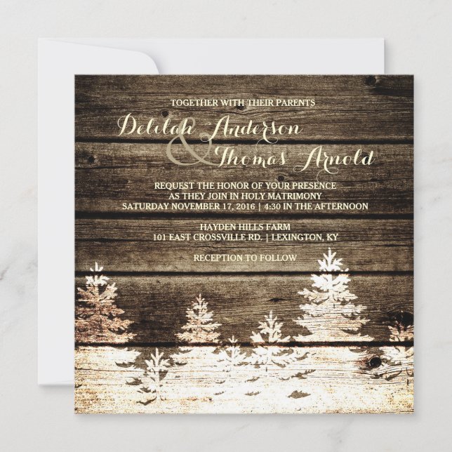 Rustic Barn Wood Pine Trees Winter Wedding Invite (Front)