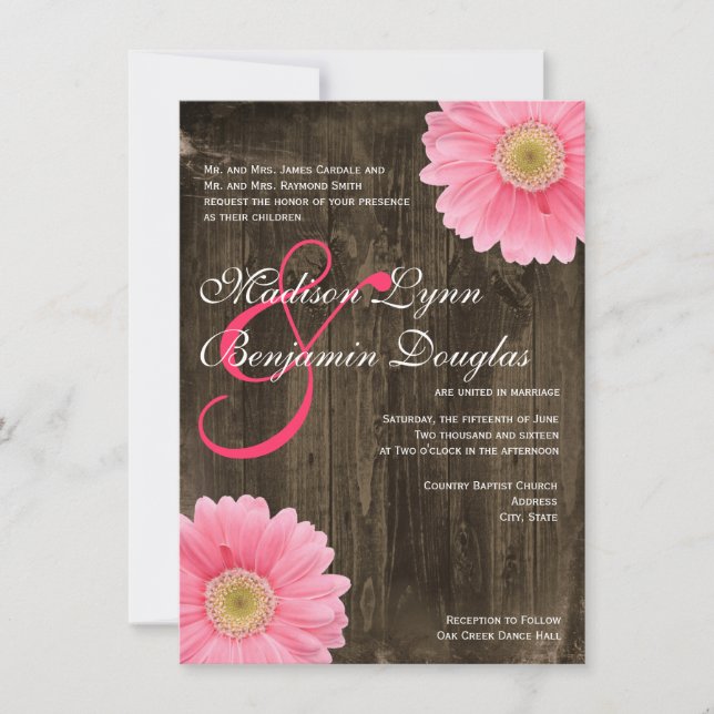 Rustic Barn Wood Pink Daisy Wedding Invitations (Front)