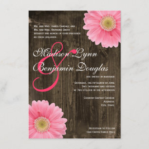 Rustic Barn Wood Pink Daisy Wedding Invitations