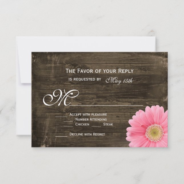 Rustic Barn Wood Pink Daisy Wedding RSVP Cards (Front)