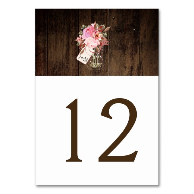 Rustic Barn Wood Pink Floral Mason Jar | Table Number (Front)