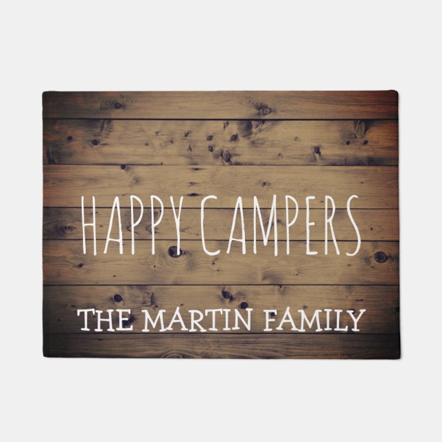 Rustic Barn Wood Plank Personalised | Happy Camper Doormat (Front)