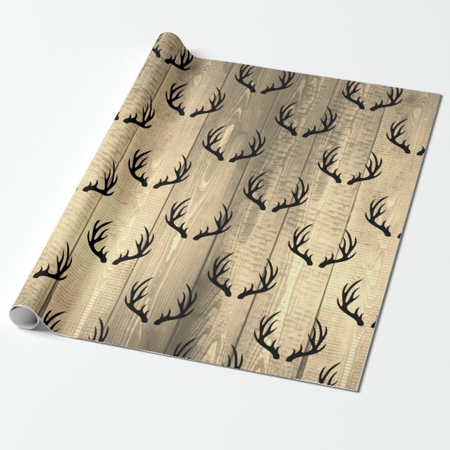 Rustic Barn Wood Planks & Black Deer Antlers Wrapping Paper (Unrolled)