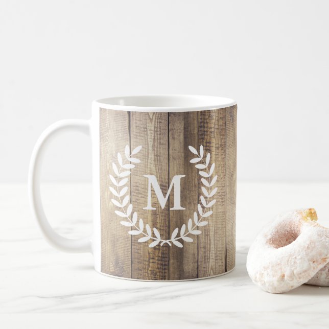 Rustic Barn Wood Planks Farmhouse Laurels Initial Coffee Mug (With Donut)
