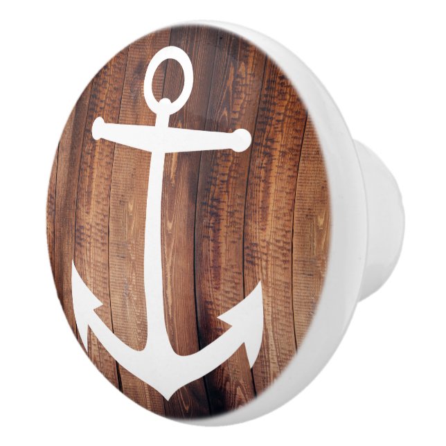 Rustic Barn Wood Planks White Nautical Anchor Ceramic Knob (Right)