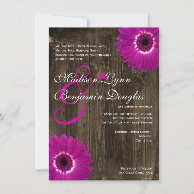 Rustic Barn Wood Purple Daisy Wedding Invitations (Front)