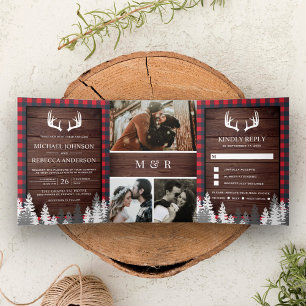 Rustic Barn Wood Red Buffalo Plaid Antlers Wedding Tri-Fold Invitation