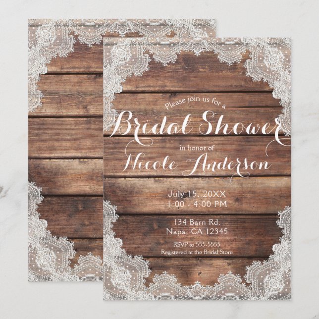 Rustic Barn Wood Romantic Lace Bridal Shower Invitation (Front/Back)