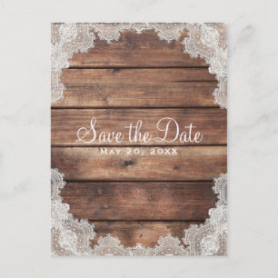 Rustic Barn Wood Romantic Lace Save the Date Announcement Postcard