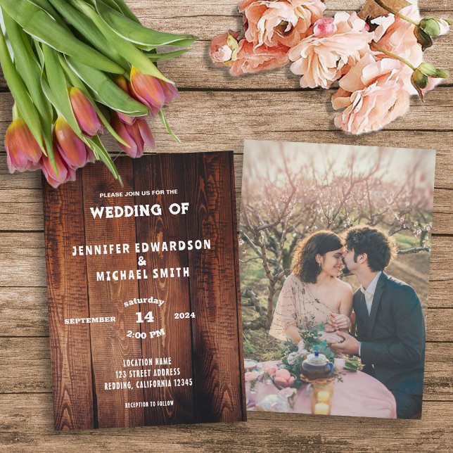 Rustic barn wood rural country photo wedding invitation (Rusti barn wood typography, photo, rural country wedding invitation.)