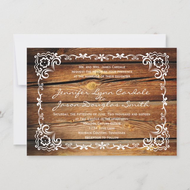 Rustic Barn Wood Scroll Frame Wedding Invitations (Front)