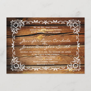 Rustic Barn Wood Scroll Frame Wedding Invitations