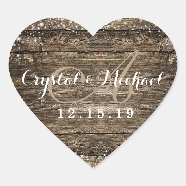 Rustic Barn Wood Snowflakes Winter Wedding Heart Sticker (Front)