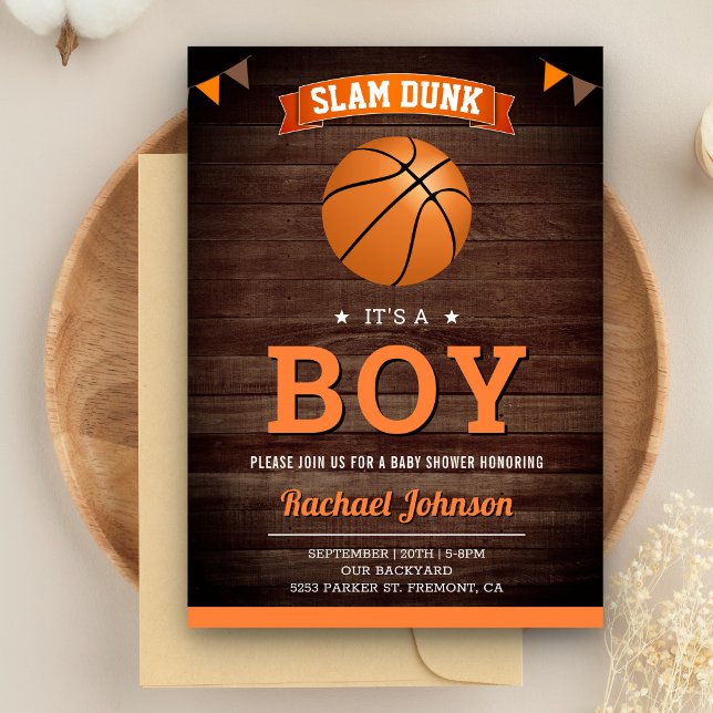 Rustic Barn Wood Sports Boy Basketball Baby Shower Invitation (Creator Uploaded)