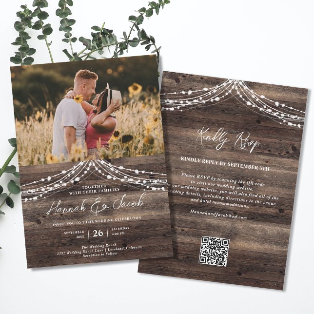 Rustic Barn Wood String Light QR Code RSVP Wedding Invitation (Rustic Wood String Lights QR  RSVP Wedding Invitations)