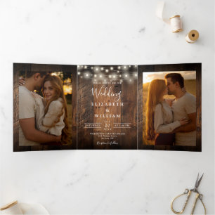 Rustic Barn Wood String Lights 3 Photo Wedding Tri-Fold Invitation