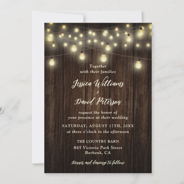 Rustic Barn Wood String Lights Country Wedding Invitation (Front)