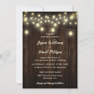 Rustic Barn Wood String Lights Country Wedding Invitation