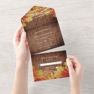 Rustic Barn Wood String Lights Fall Leaves Wedding All In One Invitation