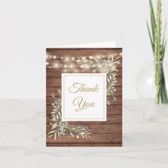 Rustic Barn Wood String Lights Greenery Photo Thank You Card (Front)