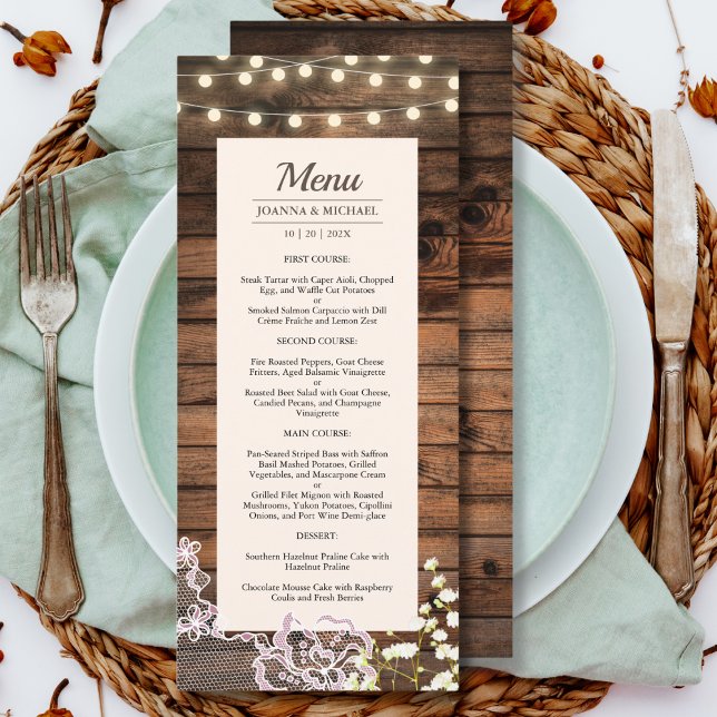 Rustic Barn Wood String Lights & Lace Wedding Menu (Creator Uploaded)