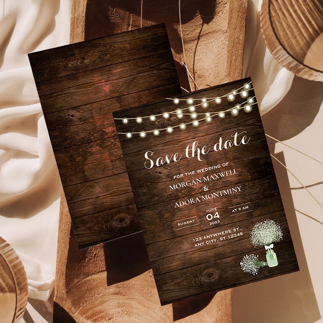 Rustic Barn Wood String Lights Mason Jar Wedding Save The Date (Creator Uploaded)