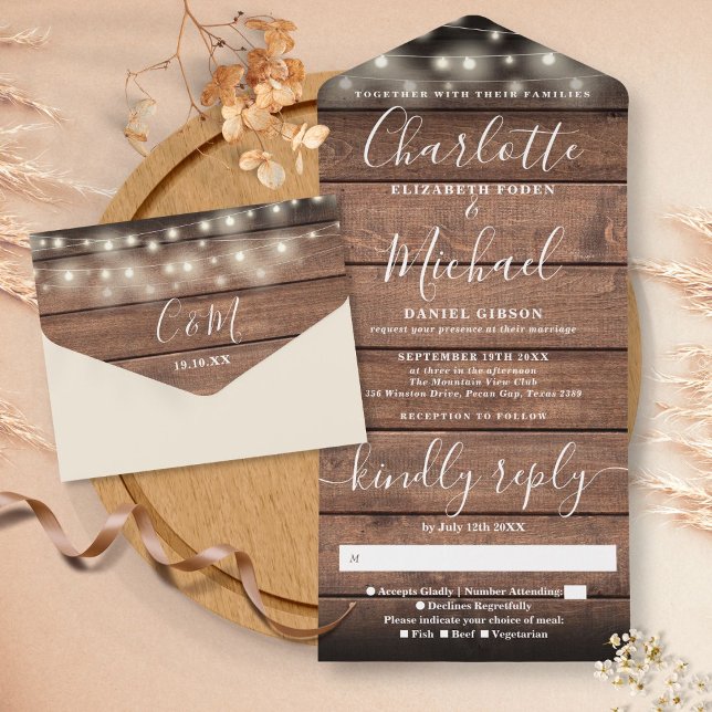 Rustic Barn Wood String Lights Monogram Wedding All In One Invitation (Rustic Barn Wood String Lights Monogram Wedding All In One Invitation)