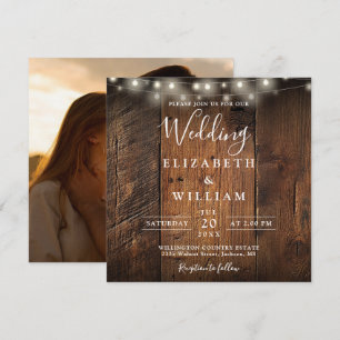 Rustic Barn Wood String Lights Photo Wedding Invitation
