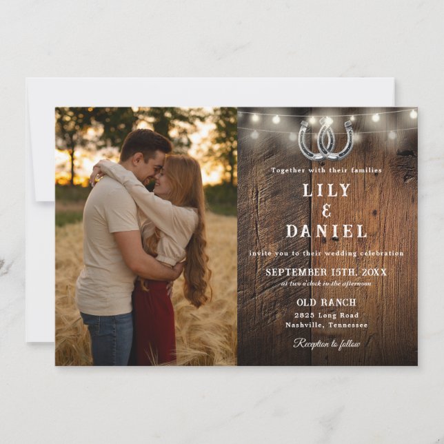 Rustic Barn Wood String Lights Photo Wedding Invitation (Front)