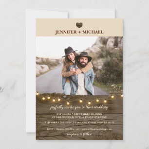 Rustic Barn Wood String Lights Photo Wedding  Invitation
