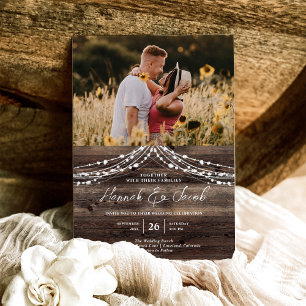 Rustic Barn Wood String Lights Photo Wedding Invitation