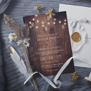 Rustic Barn Wood String Lights QR Code Wedding Invitation
