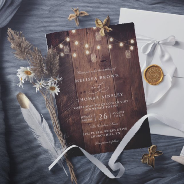 Rustic Barn Wood String Lights QR Code Wedding Invitation (Creator Uploaded)