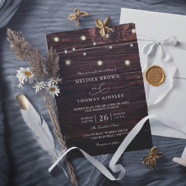 Rustic Barn Wood String Lights QR Code Wedding Invitation (Creator Uploaded)