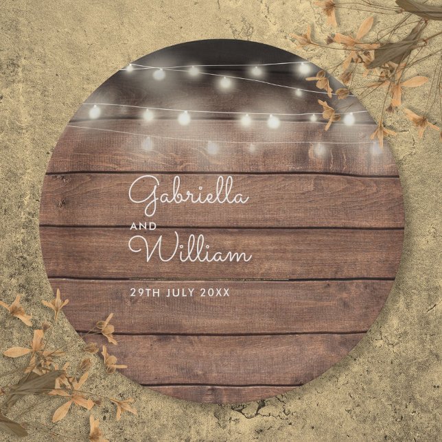 Rustic Barn Wood String Lights Script Wedding Paper Plate (Rustic Barn Wood String Lights Script Wedding Paper Plates)