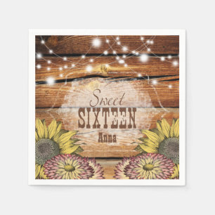 Rustic Barn Wood String Lights Sunflowers Napkin