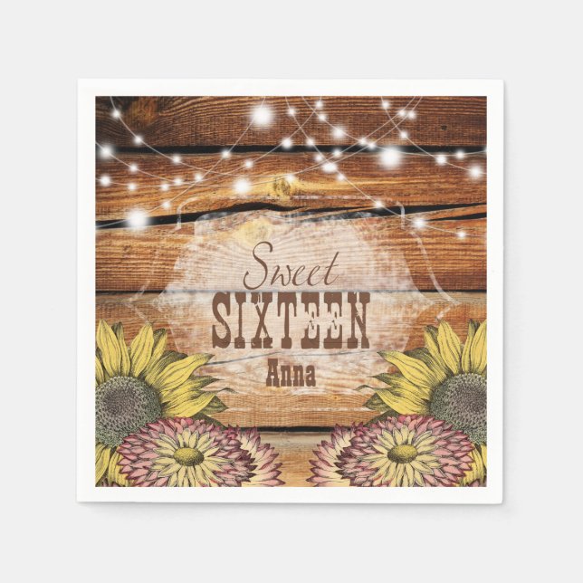 Rustic Barn Wood String Lights Sunflowers Napkin (Front)