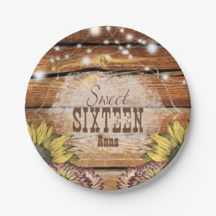 Rustic Barn Wood String Lights Sunflowers Paper Plate