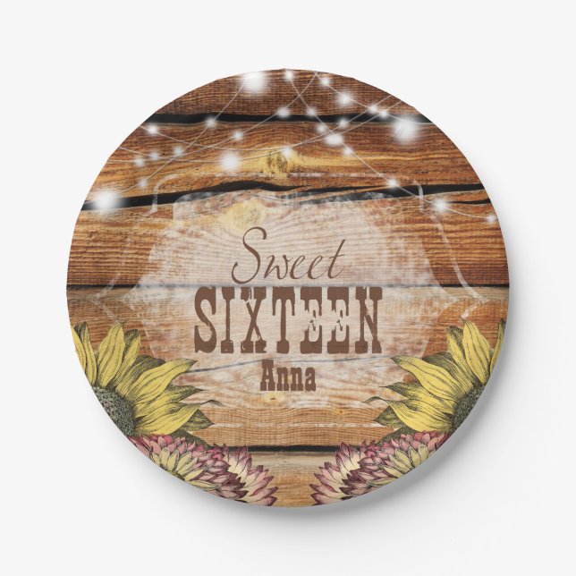 Rustic Barn Wood String Lights Sunflowers Paper Plate (Front)
