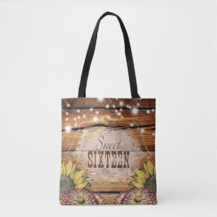 Rustic Barn Wood String Lights Sunflowers Tote Bag