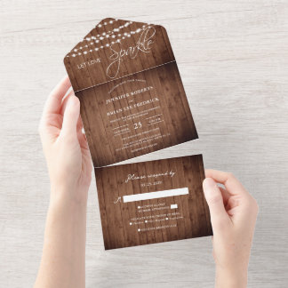 Rustic Barn Wood String Lights Wedding All In One Invitation