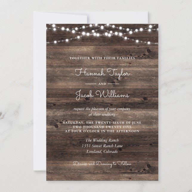 Rustic Barn Wood String Lights Wedding Invitation (Front)