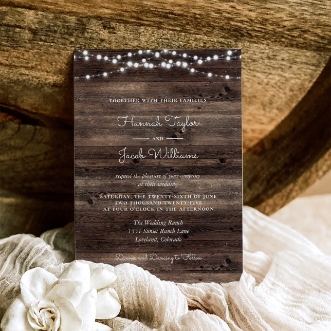 Rustic Barn Wood String Lights Wedding Invitation | Zazzle