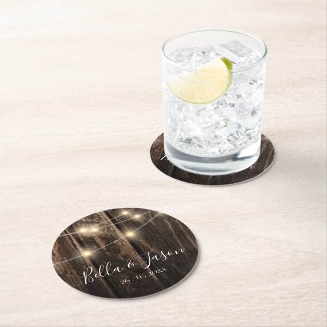 Rustic Barn Wood String Lights Wedding Party Round Paper Coaster (Insitu)