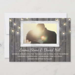 Rustic Barn Wood String Lights Wedding Photo Invitation
