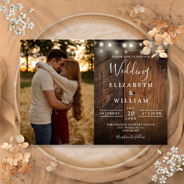 Rustic Barn Wood String Lights Wedding Photo Invitation (Rustic Barn Wood String Lights Wedding Photo Invitation)