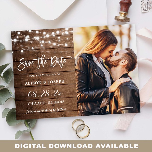 Rustic Barn Wood String Lights Wedding Photo Save The Date (Creator Uploaded)
