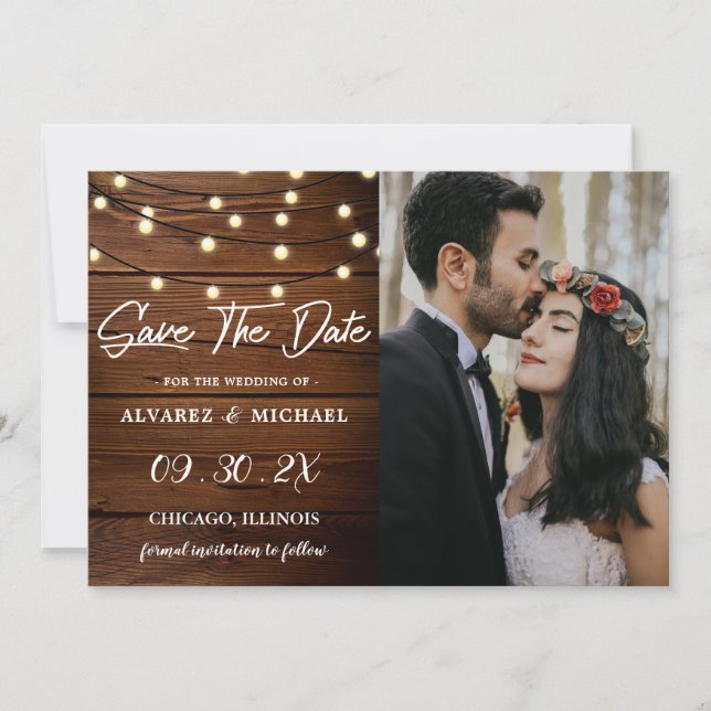 Rustic Barn Wood String Lights Wedding Photo Save The Date (Front)